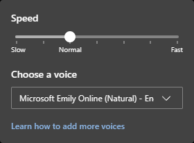 Screenshot showing the read aloud settings in Immersive Reader in Edge