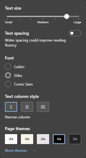 Screenshot of the text preferences in Immersive Reader on Microsoft Edge