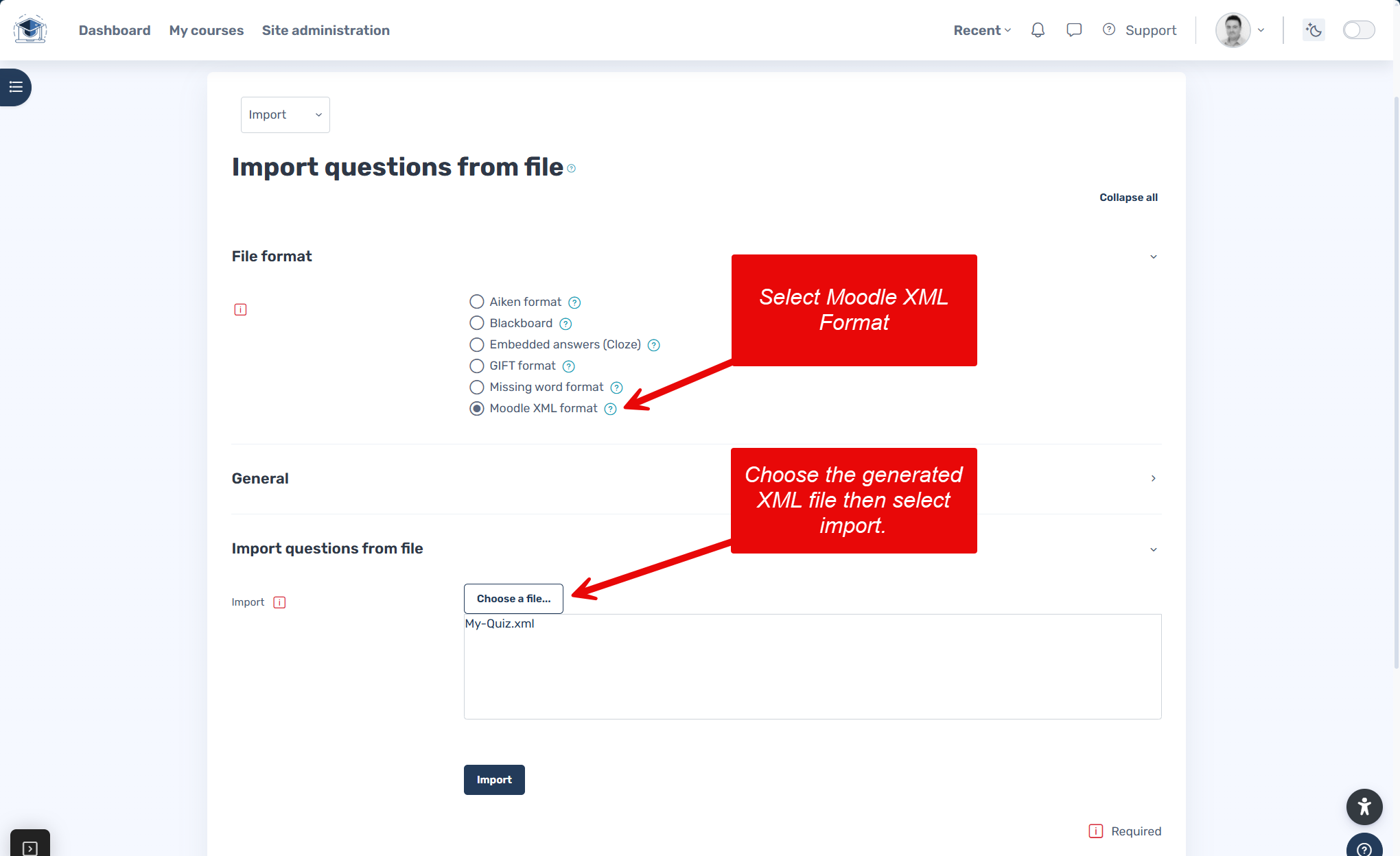 Moodle question bank import screen. Select Moodle XML then use the "Chose a file" option to upload your XML file.